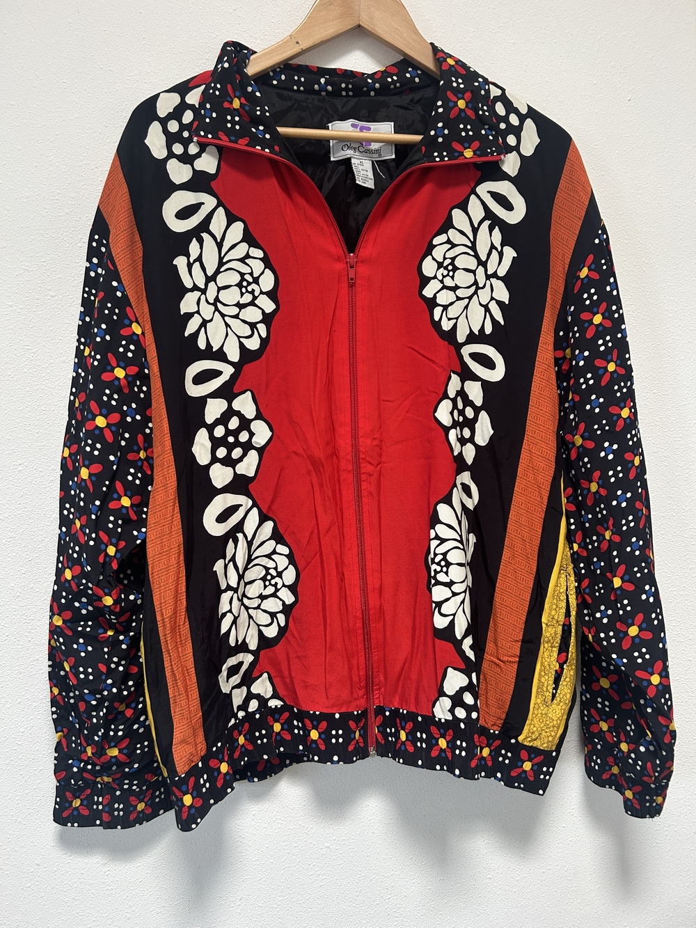 Oleg Cassini Vintage-Inspired Red Floral Zip Front Jacket